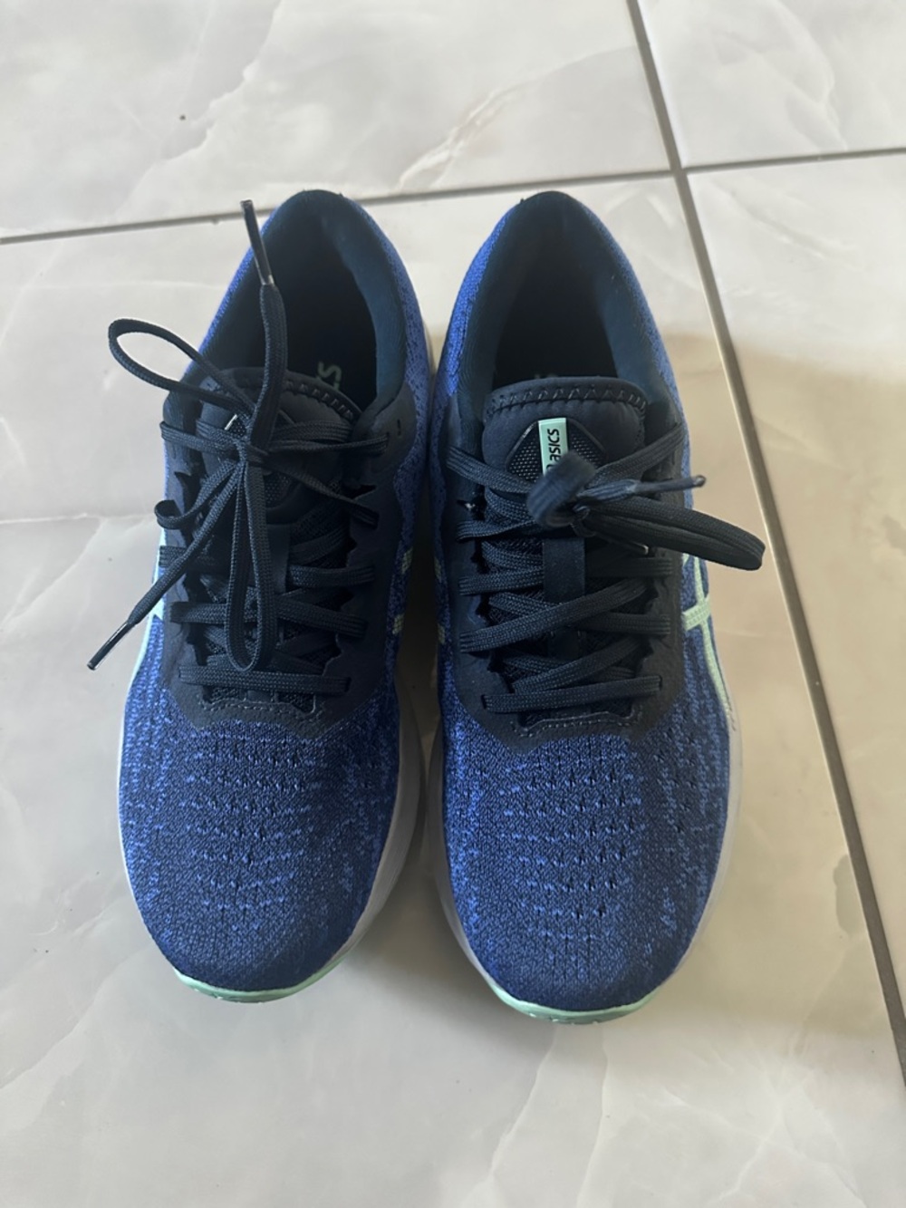 Asics Navy Blue Knit Running Sneakers with Mint Accents